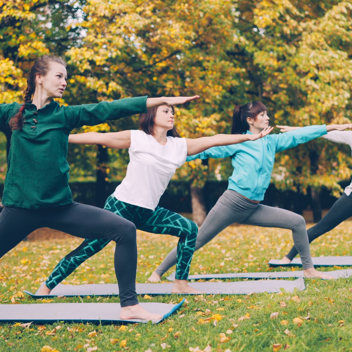 Clase de yoga en grupo en un parque en otoño