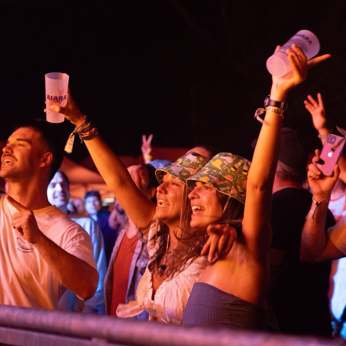 Amigos celebrando de noche en un festival